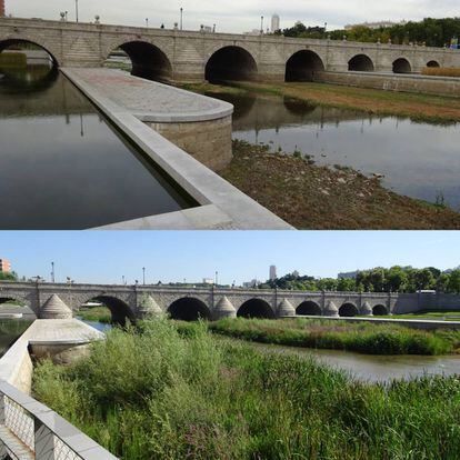 El puente de Segovia, antes y después del proceso de renaturalización del río Manzanares.