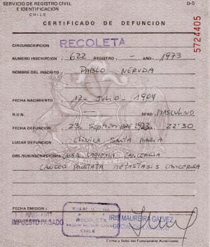 Certificado de defunción de Pablo Neruda.