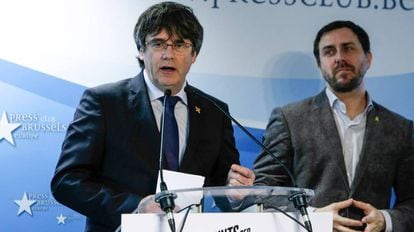 El expresidente de la Generalitat, Carles Puigdemont, este jueves en el Club de la Prensa de Bruselas (Bélgica).