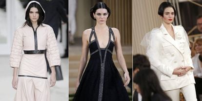 Hoy Kendall Jenner es una imprescindible en las semanas de la moda Nueva York, Milán y París. Quien más veces ha contado con ella ha sido el diseñador Karl Lagerfeld, que la ha subido a sus pasarelas tanto de Fendi como de Chanel, e incluso en 2015 cerró su desfile con un traje de novia de alta costura (a la derecha).