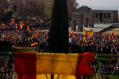 Hundreds of supporters attend the event organized by the Popular Party in the Debod temple park, this Sunday in Madrid. 