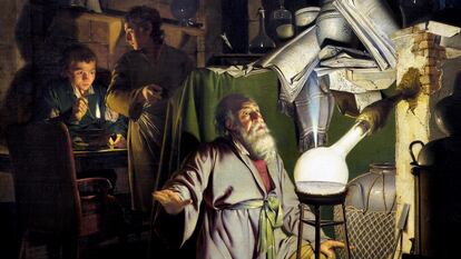 'El alquimista, en busca de la piedra filosofal, descubre el fósforo y reza para que su operación concluya con éxito', de Joseph Wright de Derby (1734-1797).