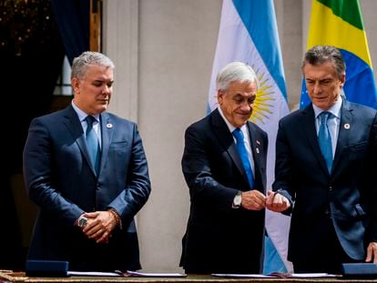 Sebastián Piñera con Iván Duque (izquierda) y Mauricio Macri, en marzo de 2019.