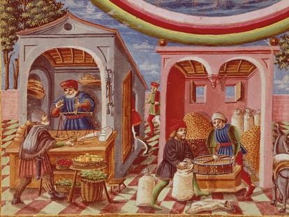 Miniatura italiana del siglo XV de una tienda de grano y frutas.