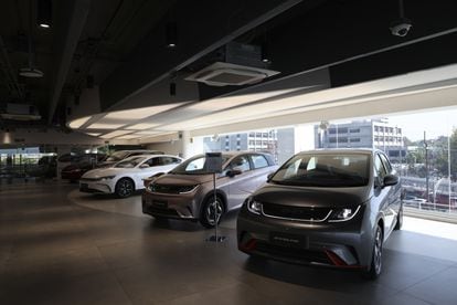 BYD brand electric cars in a showroom in Mexico City in October 2023.