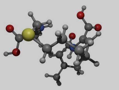 Molécula de cilastatina, un fármaco que puede evitar el fracaso renal, y vídeo difundido por el Hospital Gregorio Marañón.