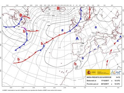 Imagen de la AEMET donde se observa el Anticiclón de la Azores.