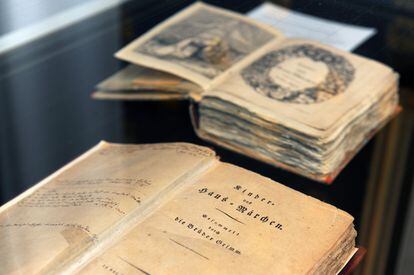 First and second edition of 'Tales of Childhood and Home', by the Brothers Grimm, exhibited in the museum dedicated to them in the Bellevue Palace in Kassel (Germany).