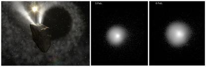 Ilustración de los estallidos del cometa 29P/Schwassmann-Wachmann 1 (izquierda), y dos fotografías del cometa captadas con el telescopio IAC/80, del Instituto de Astrofísica de Canarias