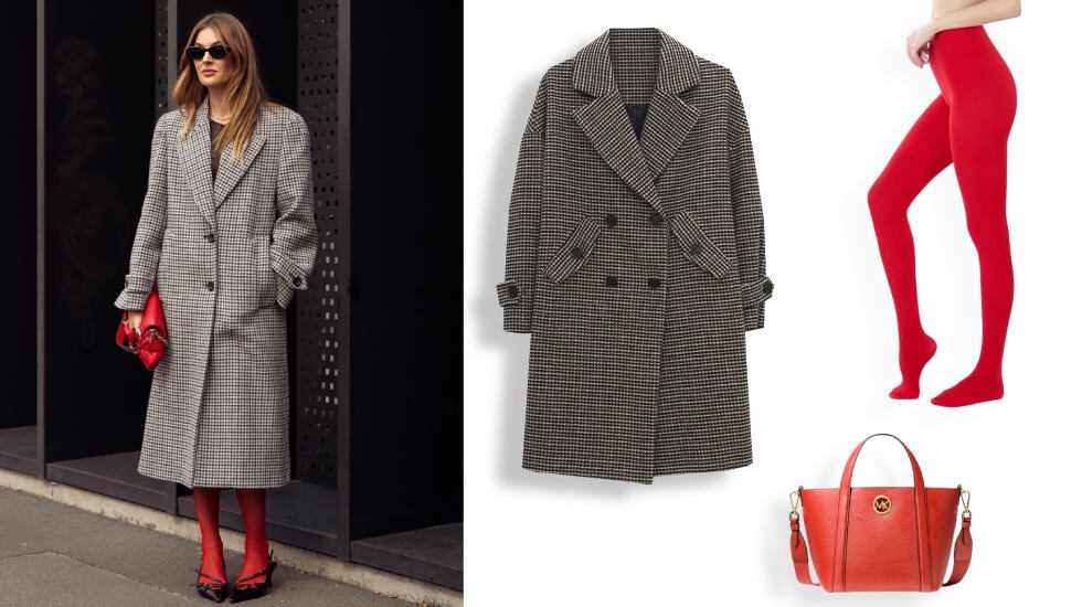 A la izquierda, una de las invitadas a la semana de la moda de Milán (Italia). A la derecha, detalle de los artículos elegidos para crear un ‘look’ con medias rojas. GETTY IMAGES.