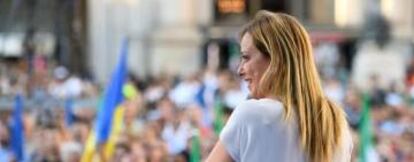 Giorgia Meloni, líder de Hermanos de Italia, en un mítin en la plaza del Duomo, en Milán, el pasado día 11. 