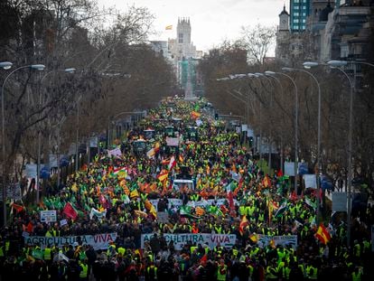 Manifestación de agricultores en las calles de Madrid, este lunes.
