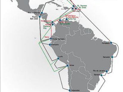 Mapa de los cables de comunicaciones submarinos de Latinoamérica.