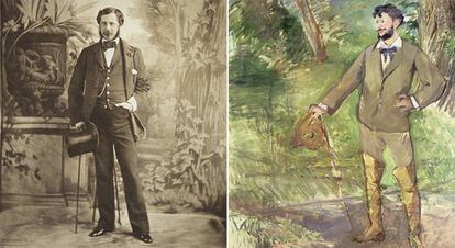 A la izquierda, 'Retrato de un dandy', de Aguado (1854), y 'Retrato de Emile-Auguste Carolus-Duran' (1876), de Manet.