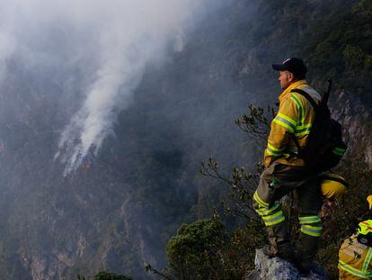 Un bombero observa un incendio en el cerro El Cable, en Bogotá (Colombia), el 26 de enero de 2024.