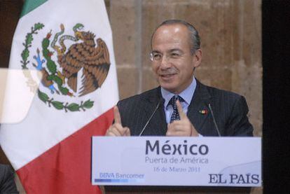 Felipe Calderón, durante su intervención en el foro <i>México: Puerta de América</i>.