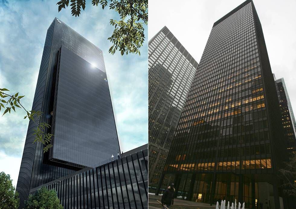 A la izquierda, una recreación del aspecto final que tendrá Caleido y, a la derecha, el edificio Seagram de Nueva York; inspiración del arquitecto.