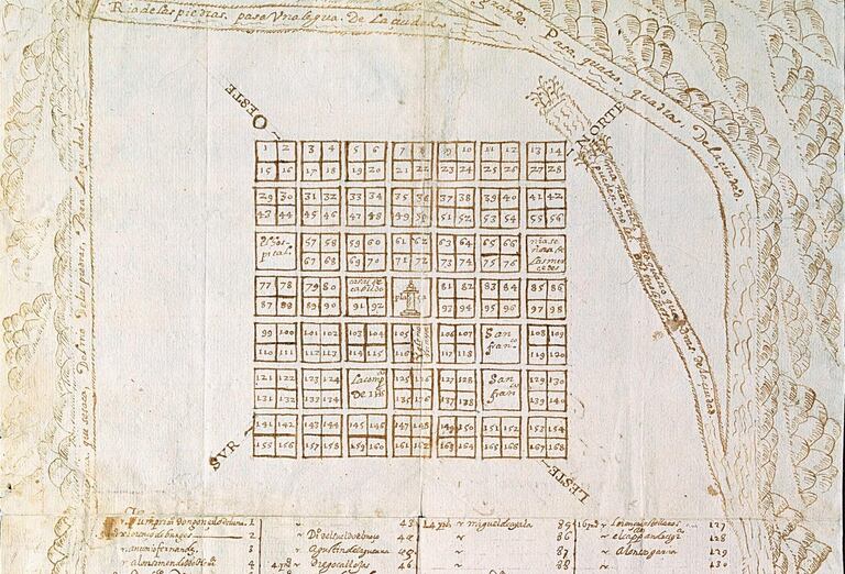 Plano de planta de Esteco II (Nuestra Señora de Talavera de Madrid), anónimo y sin fecha. Indica la asignación de solares en el trazado de esta ciudad.