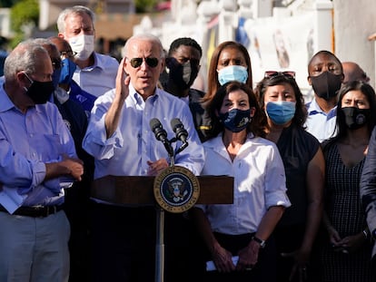 El presidente de EE UU, Joe Biden, da un discurso en Queens (Nueva York), este martes.