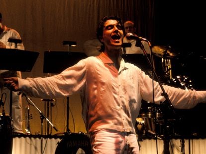 David Byrne Latin Band performs on stage, 1990.