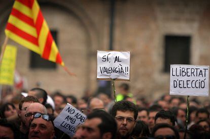 Manifestants per l'ensenyament en valencià davant el Palau de la Generalitat el día 9 de juny.