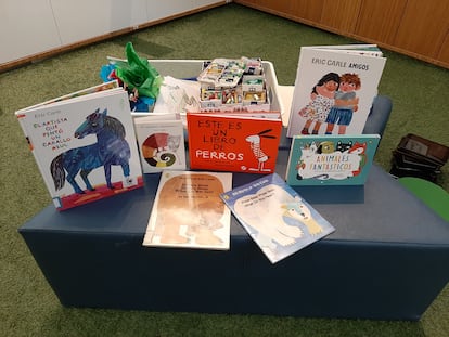 Detalle de la mesa con los libros y algunos materiales que se van a usar durante el talle 'Trío de AsES'.