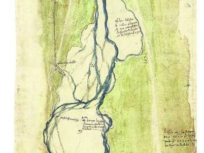 Plano topogr&aacute;fico con los r&iacute;os Arno y Mugnone, al oeste de Florencia (1504), acuarela de Leonardo da Vinci.