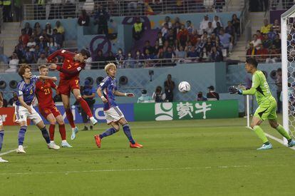 Álvaro Morata scores his header against Japan in the first half of the match. 