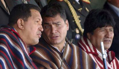 Ch&aacute;vez, Correa  y Morales, en Zumbahua (Ecuador) en 2007.