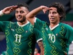 Mexico's Alexis Vega, left, celebrates with teammate Diego Lainez after scoring his side's third goal against Japan in the men's bronze medal soccer match at the 2020 Summer Olympics, Friday, Aug. 6, 2021, in Saitama, Japon. (AP Photo/Martin Mejia)