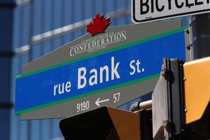 Bank Street, opposite the Central Bank of Canada, in Ottawa.