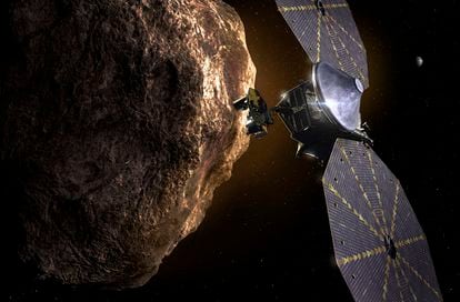 Recreación de 'Lucy' junto a un asteroide.