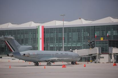 A Mexican Air Force plane is seen at Terminal 1 of the Felipe Ángeles International Airport during the trip from the Felipe Ángeles International Airport to El País, on October 11, 2021 in Santa Lucía, State of Mexico.