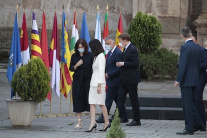 Los presidentes de Madrid, Baleares, Canarias y Comunidad Valenciana, Isabel Díaz Ayuso, Francina Armengol, Ángel Víctor Torres y Ximo Puig, el 30 de julio de 2020 en el monasterio de San Millán de la Cogolla.