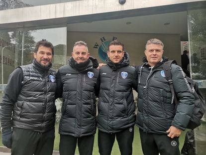 Cuatro de los técnicos del Wuhan (Manuel Vela, Jose Antonio Maldonado, Antonio Sevillano y Pedro Morilla) que fueron repatriados a España.