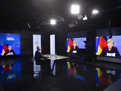 Intervención este martes de Angela Merkel en el Foro Económico Mundial de Davos (Suiza), celebrado por videoconferencia.