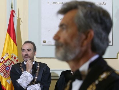 El presidente del Tribunal Supremo y del CGPJ, Carlos Lesmes, en primer plano, y Manuel Marchena, presidente de la Sala Penal del alto tribunal, en septiembre de 2019.