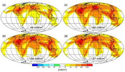 Los mapas muestran el calentamiento (medido en milivatios por metro cuadrado) inducido por las 'contrails' en (a) 2006 y (b) 2050. A la derecha, la radiación estimada para el mismo año, pero teniendo en cuenta (c) el extra de calor provocado por el calentamiento global o (d) la mejora en la eficiencia de los motores.