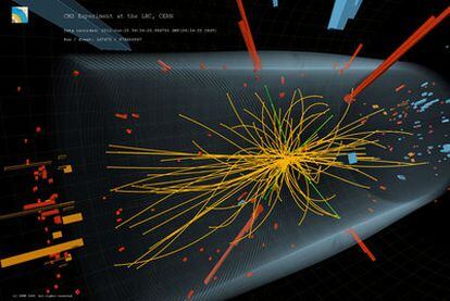 Una colisión visualizada en el detector CMS.