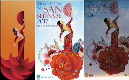 De izquierda a derecha: modelo en el que se 'inspiró' Marinas, cartel de otro autor que no llegó a presentarse en Marbella (Málaga) y el que ganó en la feria de Morón.