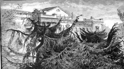 Ilustración de los daños causados por el tornado que asoló Madrid en 1886.
