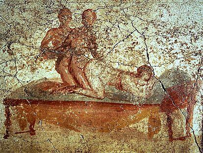 Fresco erótico de un baño público de la ciudad romana de Pompeya, restaurado en 2001.