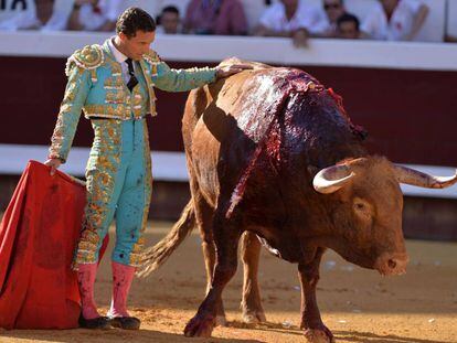 Rafaelillo, ante un toro de Pedraza de Yeltes, en la plaza de toros de Dax, ayer domingo (Francia).