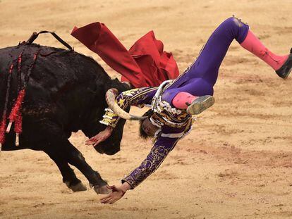 Rom&aacute;n, en la voltereta que le infligi&oacute; su primer toro de la tarde.