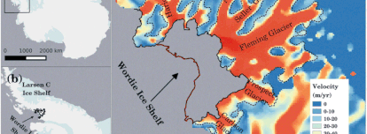 Localización de la barrera Larsen C y de la barrera Wordie y el sistema glaciar Fleming con las posiciones de los frentes de hielo desde 1947 hasta 2016.
