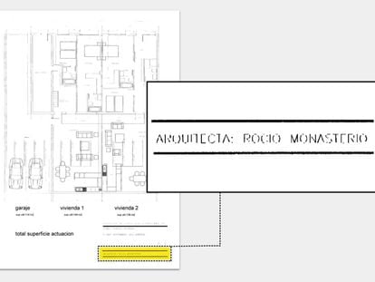 Plano entregado en el Ayuntamiento de Madrid para la construcción de dos 'lofts' en la calle Carolinas, 19, en 2003, en el que aparece como arquitecta Rocío Monasterio.