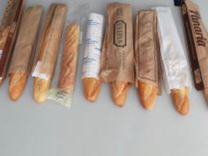 Barras de pan compradas ayer en distintos establecimientos en Madrid, con precios entre los 25 c&eacute;ntimos (Carrefour) y los 85 c&eacute;ntimos (Panaria).
