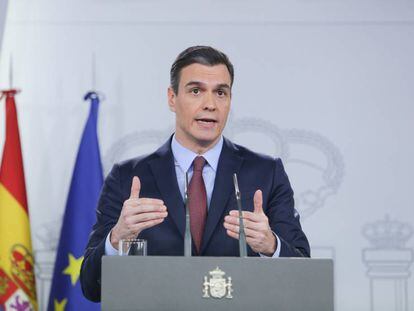 El presidente del Gobierno, Pedro Sánchez, en una comparecencia ante medios de comunicación en La Moncloa.