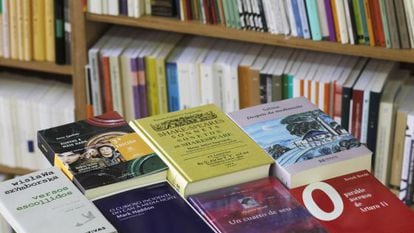 Traduci&oacute;ns de obras estranxeiras ao galego, nun andel da Librar&iacute;a Couceiro de Santiago.