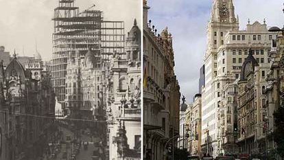 Vistas del edificio de Telefónica en la Gran Vía. A la izquierda, durante su construcción en 1929. A la derecha, imagen del inmueble el año pasado.